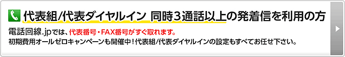 代表組/代表ダイヤルイン 同時3通話以上の発着信を利用の方 電話回線.jpでは、代表番号・FAX番号がすぐ取れます。初期費用オールゼロプランも開催中！代表組/代表ダイヤルインの設定もすべてお任せ下さい。