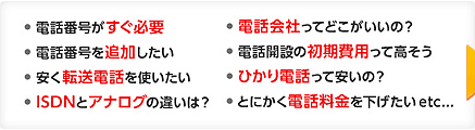・電話番号がすぐ必要 ・電話番号を追加したい ・安く転送電話を使いたい ・ISDNとアナログの違いは？ ・電話会社ってどこがいいの？ ・電話開設の初期費用って高そう ・ひかり電話って安いの？ ・とにかく電話料金を下げたい etc…